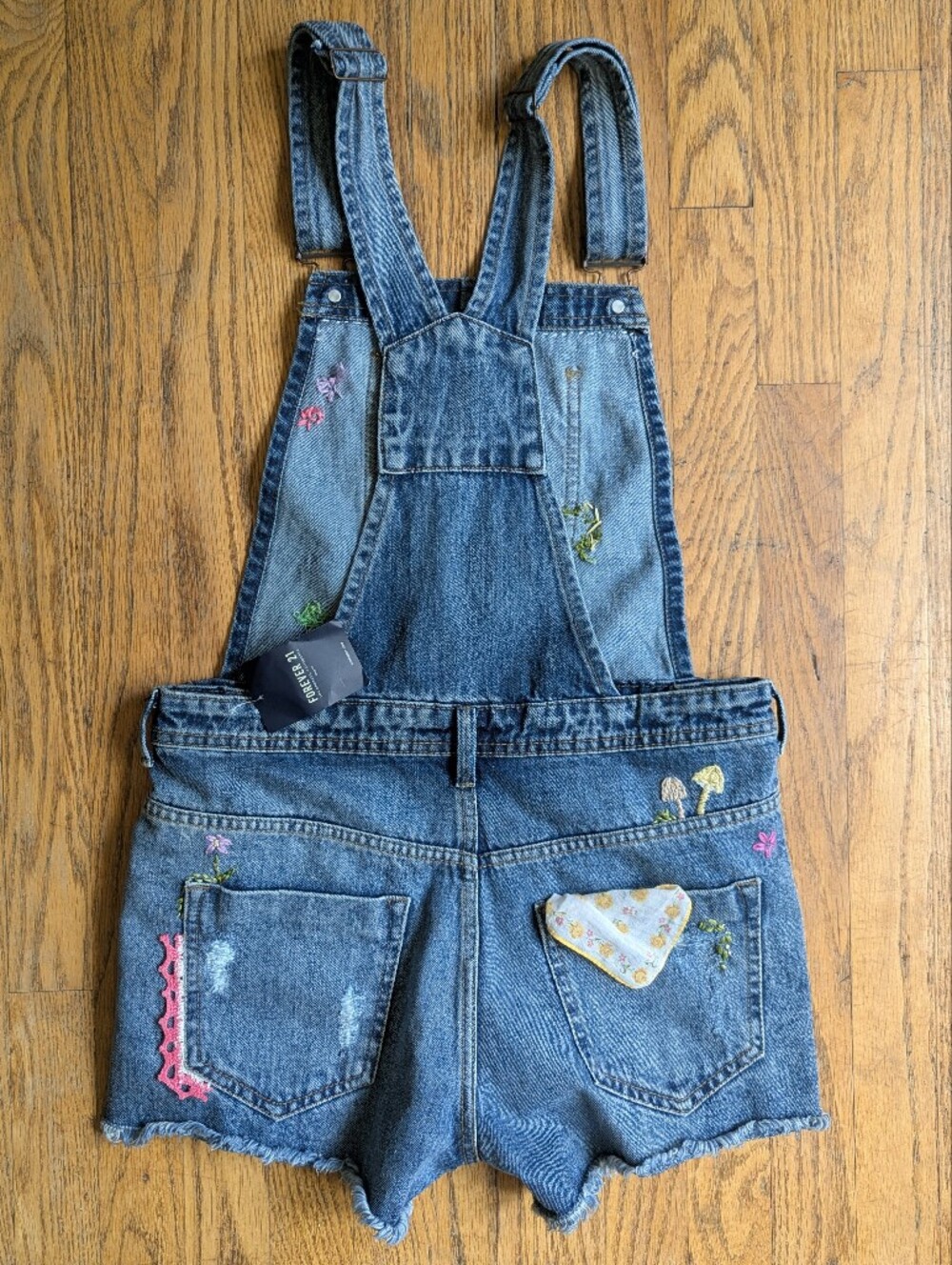 Hand Embroidered Reworked Distressed Denim Short Overalls - Blue - Picture 2 of 6